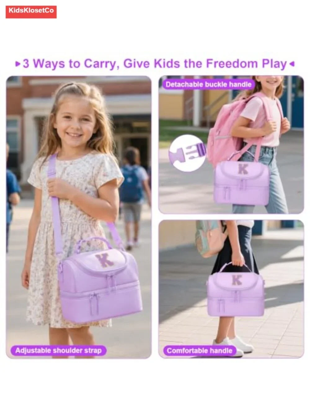 Kids Insulated Lunch Bag Personalized Initial Double Decker Leak-Proof